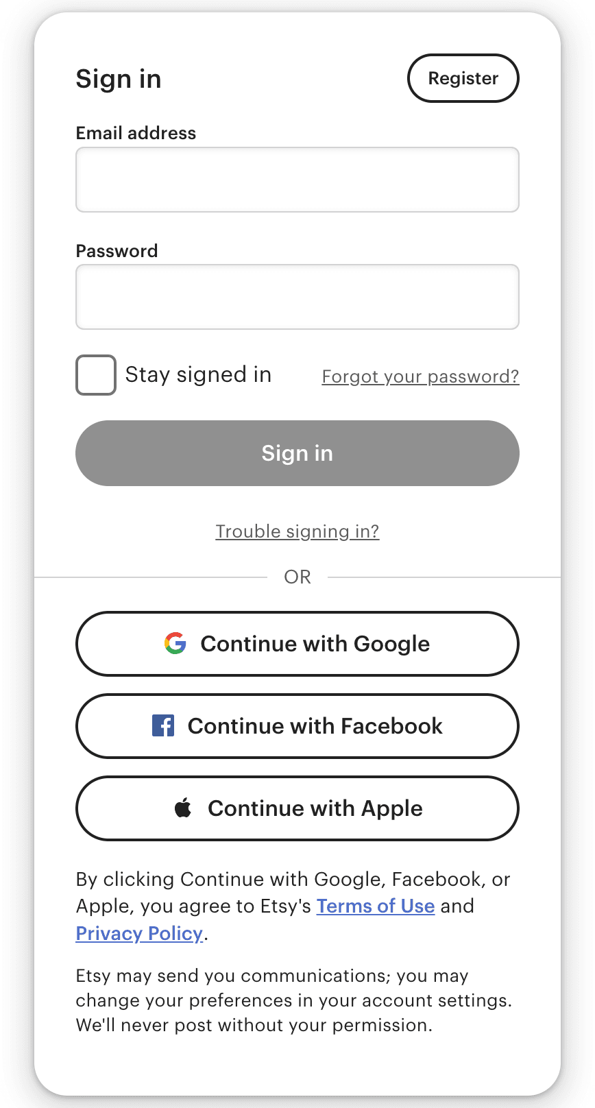 Etsy login form